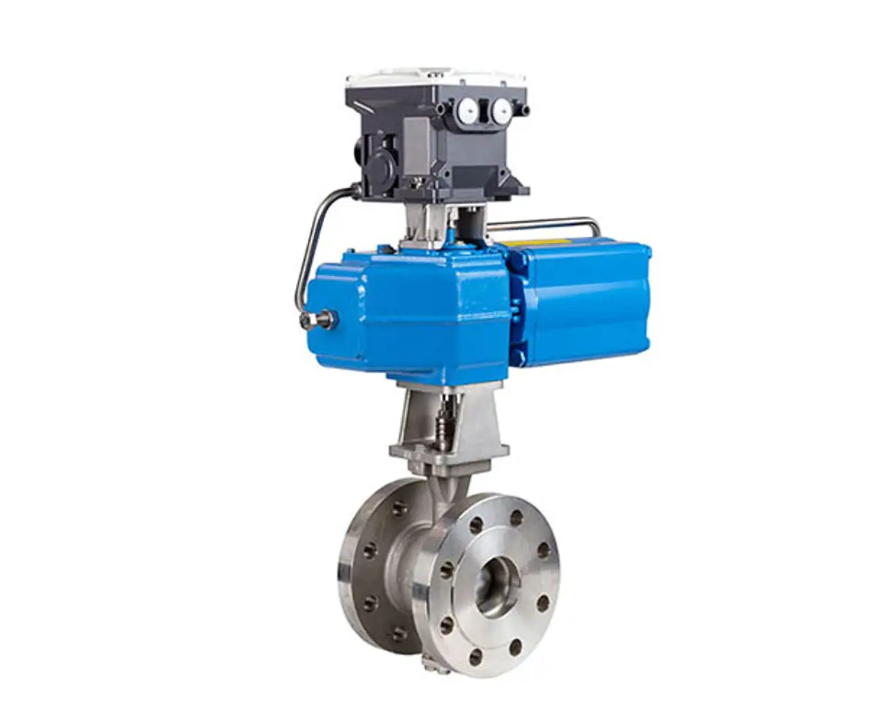 Neles R-series V-port segment valve with actuator and positioner, shown on a white background