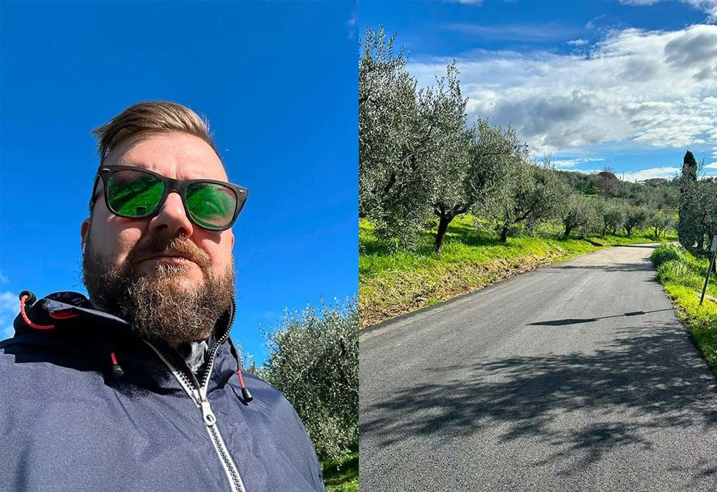 Simone walking around his hometown Collodi, Italy.