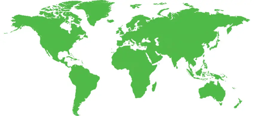 A stylized world map illustrated in green tones on a light background.