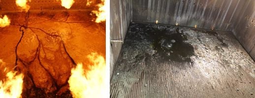 Boiler floor after smelt removal (left) and after washing with new method (right)