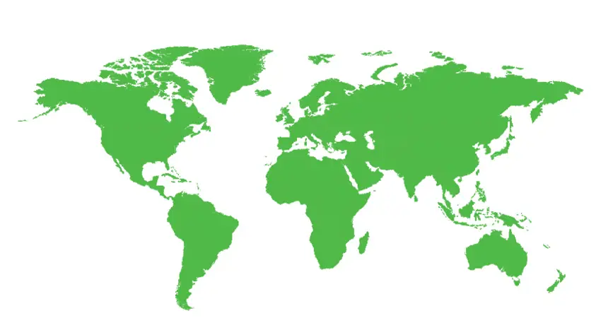 A stylized world map illustrated in green tones on a light background.
