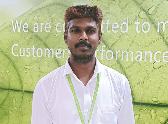 Valmet employee Silambarasan M smiling to the camera. Silambarasan works as an Engineer at Valmet in India. 