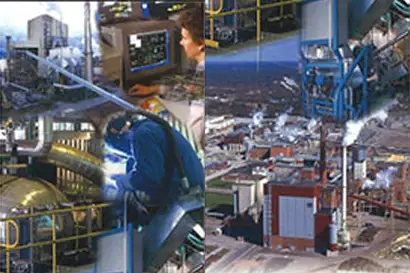 A collage of industrial-themed images shows various aspects of a manufacturing or processing facility. On the left, a person operates a computer monitor displaying technical data, and another individual in protective gear is welding inside a large metal structure. On the right, an aerial view of an expansive industrial plant with towers, pipes, and buildings is visible.