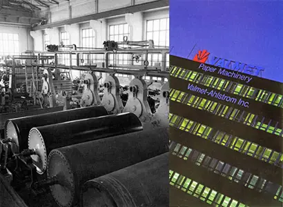 On the left, a black-and-white photo of an industrial paper machine inside a factory shows multiple large rollers and complex mechanical systems, typical of heavy paper production equipment. On the right, a color photo of a high-rise office building at night features the illuminated Valmet logo along with the text "Paper Machinery" and "Valmet-Ahlstrom Inc." against a dark blue sky, indicating the corporate identity and location of the company.
