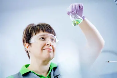 A person wearing safety goggles and purple gloves is holding up a conical flask containing green plant material, inspecting it closely. The individual is dressed in a gray shirt with a green collar, suggesting a laboratory environment focused on research or testing.
