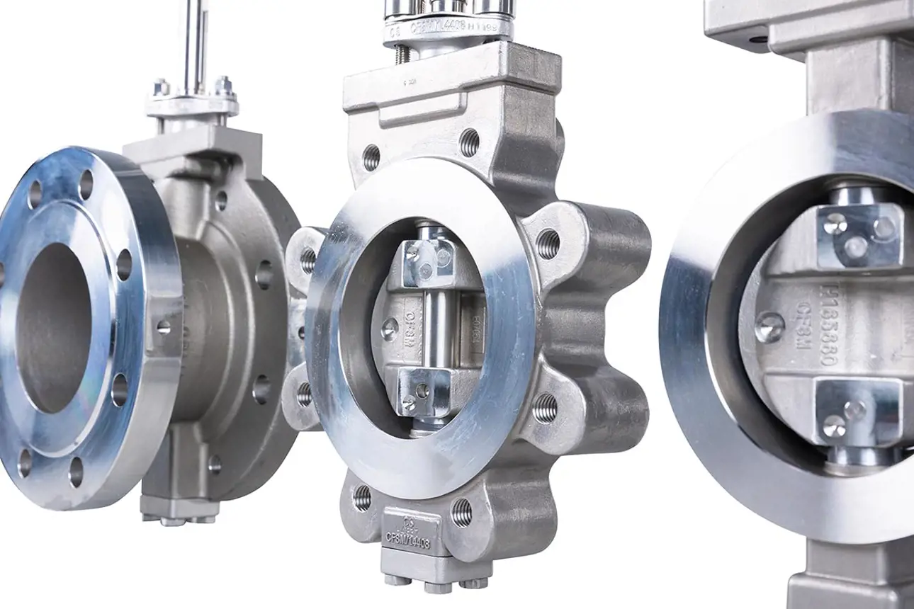 Close-up of Valmet high-performance butterfly valves for precise flow control in industrial process applications.