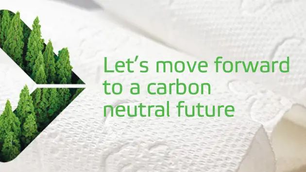 Tissue paper products alongside a green arrow featuring the text: 'Let’s move forward to a carbon neutral future.