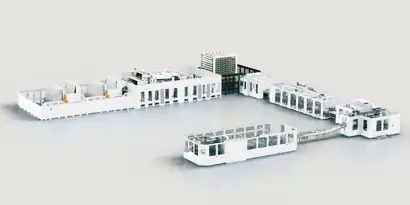 A 3D rendered model of an industrial production line or facility is displayed, consisting of multiple interconnected white structures and machines. The layout is arranged in an L-shape, with enclosed sections suggesting automated equipment and processing areas. The design appears clean and modern, likely representing a manufacturing or packaging system.